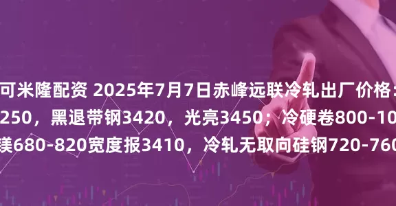 可米隆配资 2025年7月7日赤峰远联冷轧出厂价格：680-780规格冷硬3250，黑退带钢3420，光亮3450；冷硬卷800-1050报3300；锌铝镁680-820宽度报3410，冷轧无取向硅钢720-760宽度报4250；有花镀锌卷，465-500规格报3390，680-820规格报3390，800-1050规格报3510，含税出厂。（元/吨）